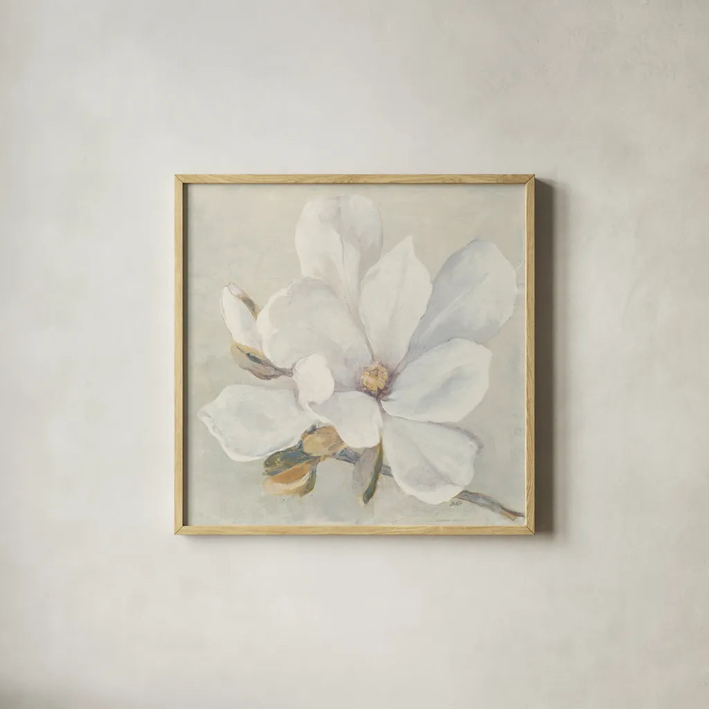 Serene Magnolia by Julia Purinton. Shown in a natural wood glass frame for a timeless modern aesthetic. Available as an archival giclee rolled canvas, fine art paper, or poster print. SKU 45730a.