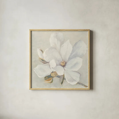 Serene Magnolia by Julia Purinton. Shown in a natural wood glass frame for a timeless modern aesthetic. Available as an archival giclee rolled canvas, fine art paper, or poster print. SKU 45730a.