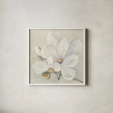 Serene Magnolia by Julia Purinton. Shown in a crisp white glass frame for a clean and minimalist style. Available as an archival giclee rolled canvas, fine art paper, or poster print. SKU 45730a.