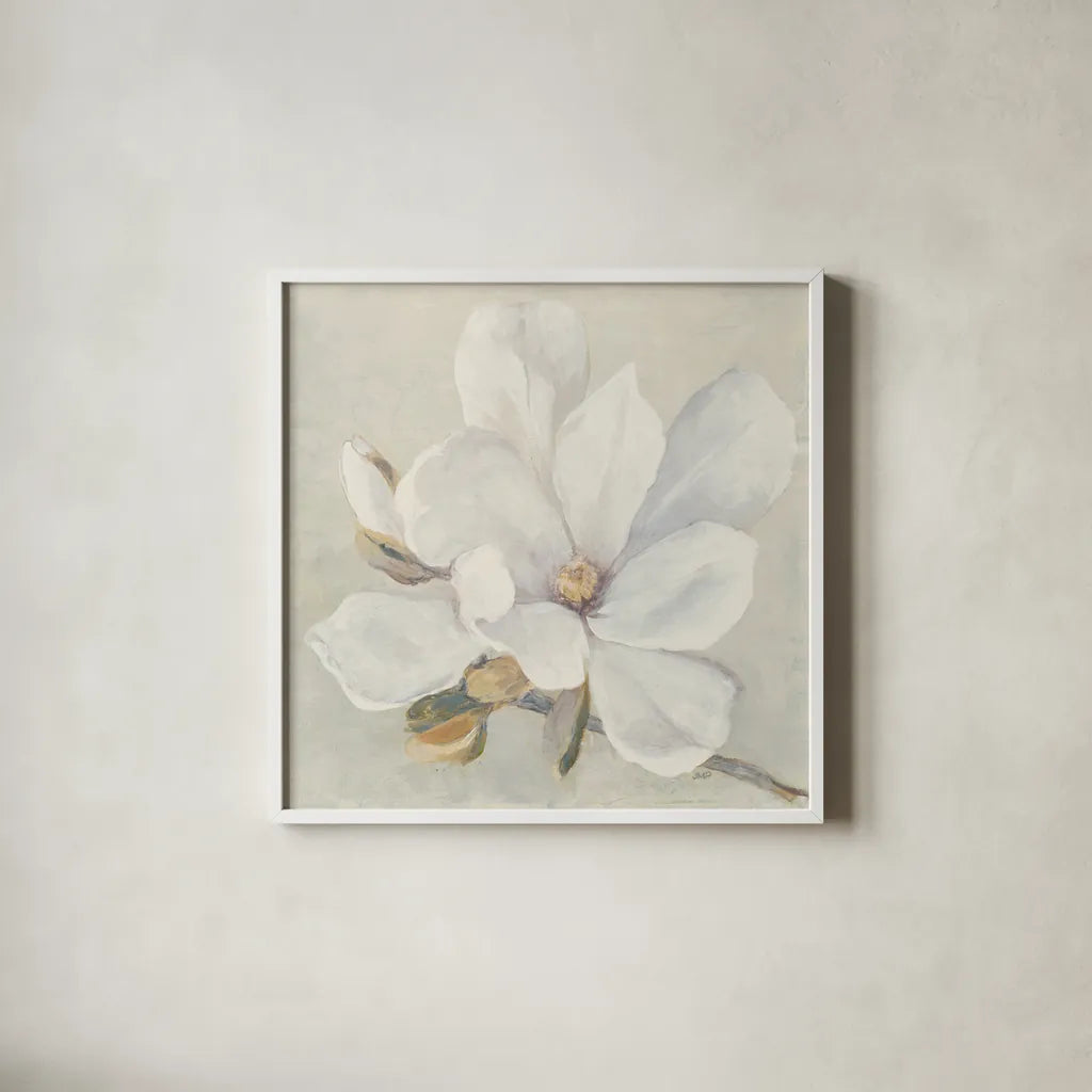 Serene Magnolia by Julia Purinton. Shown in a crisp white glass frame for a clean and minimalist style. Available as an archival giclee rolled canvas, fine art paper, or poster print. SKU 45730a.