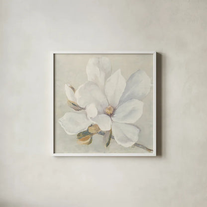 Serene Magnolia by Julia Purinton. Shown in a crisp white glass frame for a clean and minimalist style. Available as an archival giclee rolled canvas, fine art paper, or poster print. SKU 45730a.