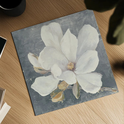 Serene Magnolia Gray by Julia Purinton. Shown as a detailed flat fine art print, highlighting archival giclee quality. Available as an archival giclee rolled canvas, fine art paper, or poster print. SKU 48464a.
