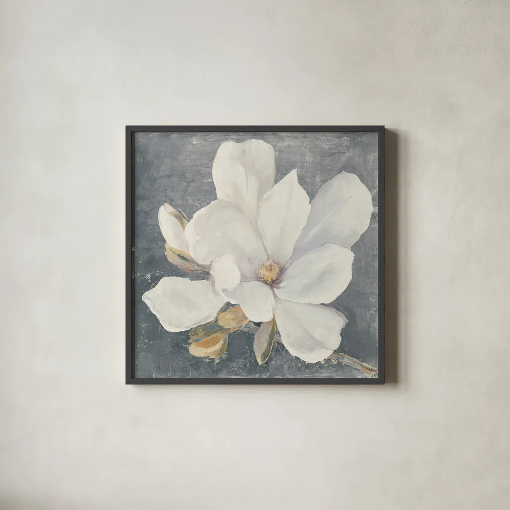 Serene Magnolia Gray by Julia Purinton. Shown in a sleek black glass frame for a contemporary gallery look. Available as an archival giclee rolled canvas, fine art paper, or poster print. SKU 48464a.