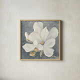 Serene Magnolia Gray by Julia Purinton. Shown in a natural wood glass frame for a timeless modern aesthetic. Available as an archival giclee rolled canvas, fine art paper, or poster print. SKU 48464a.
