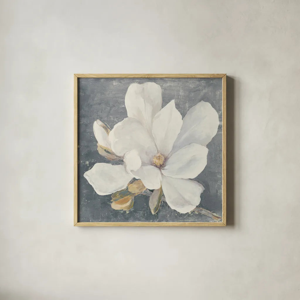 Serene Magnolia Gray by Julia Purinton. Shown in a natural wood glass frame for a timeless modern aesthetic. Available as an archival giclee rolled canvas, fine art paper, or poster print. SKU 48464a.