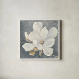 Serene Magnolia Gray by Julia Purinton. Shown in a crisp white glass frame for a clean and minimalist style. Available as an archival giclee rolled canvas, fine art paper, or poster print. SKU 48464a.