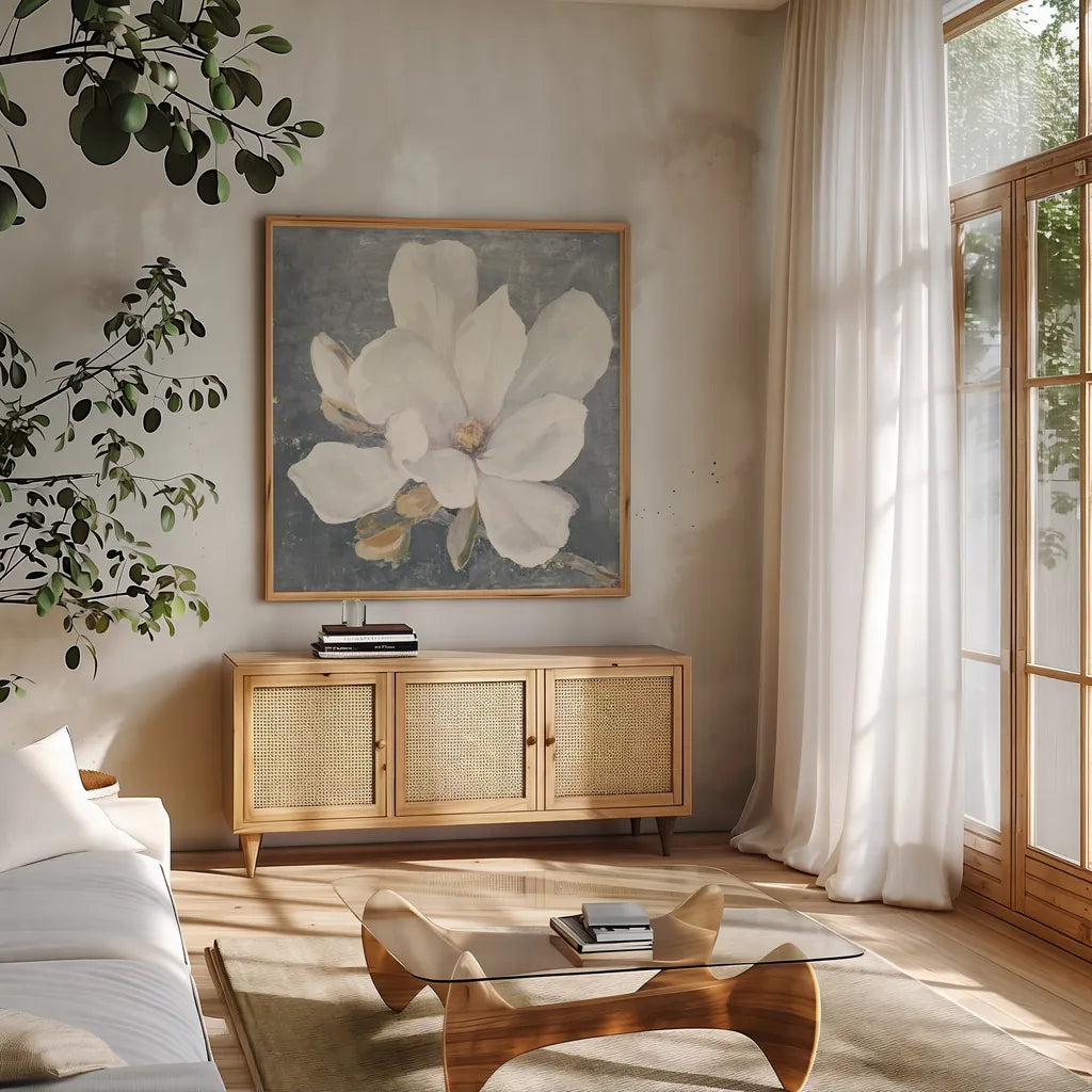 Serene Magnolia Gray by Julia Purinton. Shown in a natural wood frame in a cozy modern living room. Available as an archival giclee rolled canvas, fine art paper, or poster print. SKU 48464a.