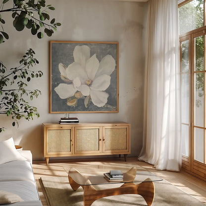 Serene Magnolia Gray by Julia Purinton. Shown in a natural wood frame in a cozy modern living room. Available as an archival giclee rolled canvas, fine art paper, or poster print. SKU 48464a.