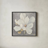 Serene Magnolia Light Gray by Julia Purinton. Shown in a sleek black glass frame for a contemporary gallery look. Available as an archival giclee rolled canvas, fine art paper, or poster print. SKU 56378a.