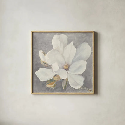 Serene Magnolia Light Gray by Julia Purinton. Shown in a natural wood glass frame for a timeless modern aesthetic. Available as an archival giclee rolled canvas, fine art paper, or poster print. SKU 56378a.