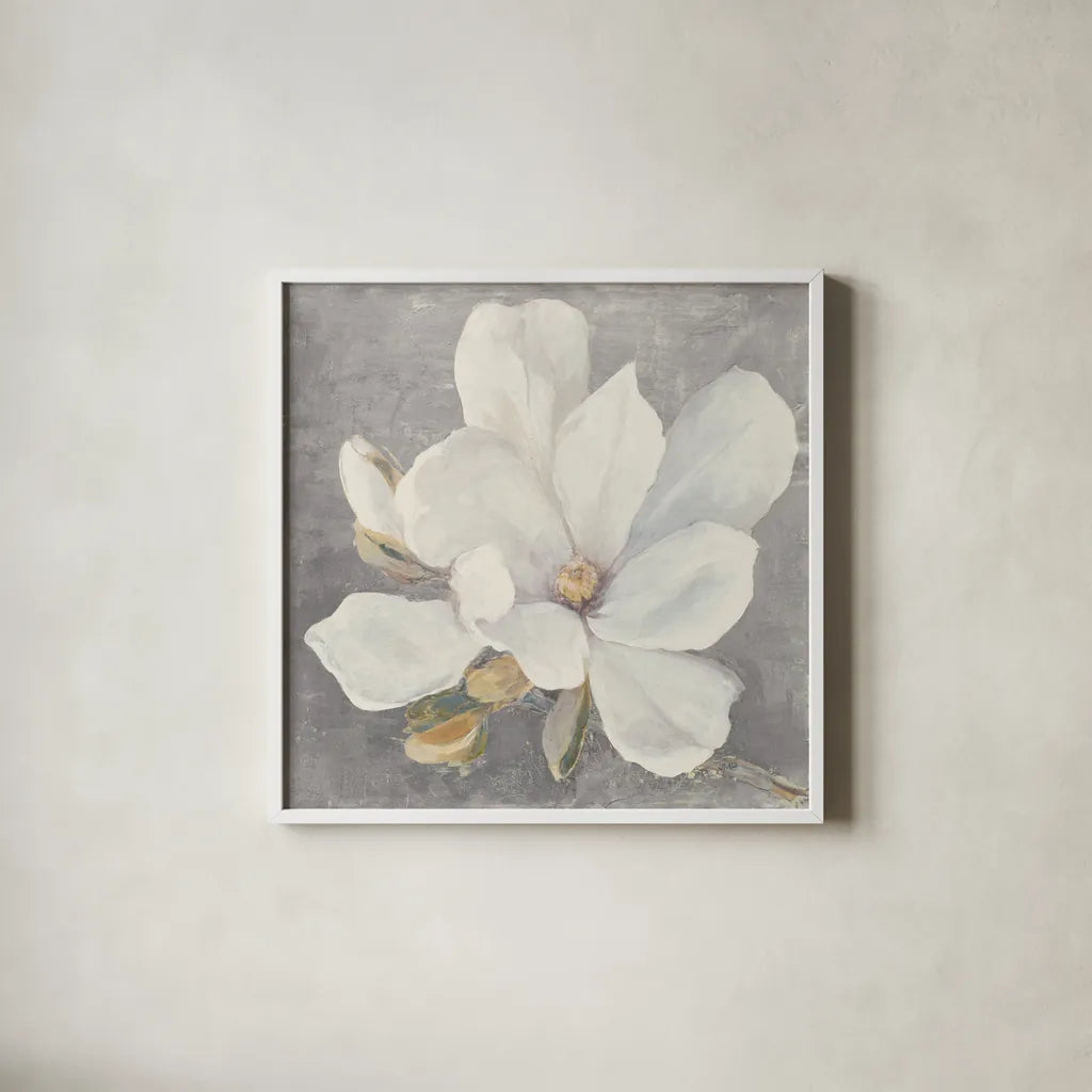Serene Magnolia Light Gray by Julia Purinton. Shown in a crisp white glass frame for a clean and minimalist style. Available as an archival giclee rolled canvas, fine art paper, or poster print. SKU 56378a.
