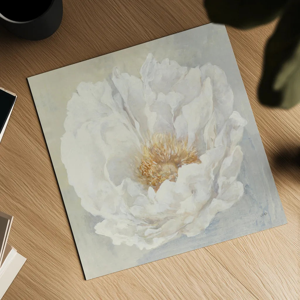 Serene Peony by Julia Purinton. Shown as a detailed flat fine art print, highlighting archival giclee quality. Available as an archival giclee rolled canvas, fine art paper, or poster print. SKU 45729a.