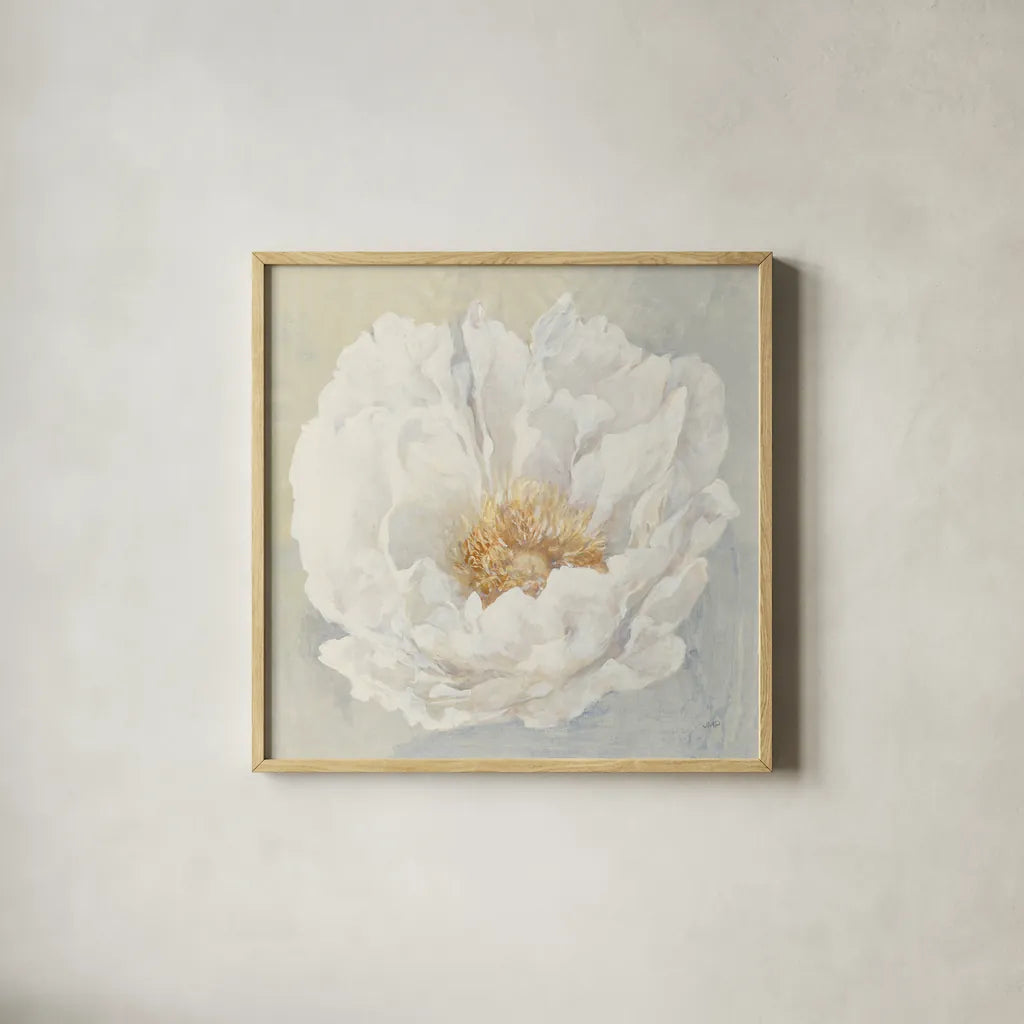 Serene Peony by Julia Purinton. Shown in a natural wood glass frame for a timeless modern aesthetic. Available as an archival giclee rolled canvas, fine art paper, or poster print. SKU 45729a.