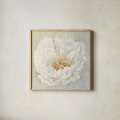 Serene Peony by Julia Purinton. Shown in a natural wood glass frame for a timeless modern aesthetic. Available as an archival giclee rolled canvas, fine art paper, or poster print. SKU 45729a.