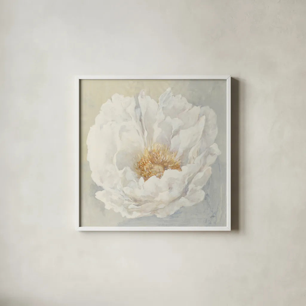 Serene Peony by Julia Purinton. Shown in a crisp white glass frame for a clean and minimalist style. Available as an archival giclee rolled canvas, fine art paper, or poster print. SKU 45729a.