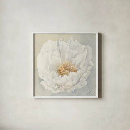Serene Peony by Julia Purinton. Shown in a crisp white glass frame for a clean and minimalist style. Available as an archival giclee rolled canvas, fine art paper, or poster print. SKU 45729a.