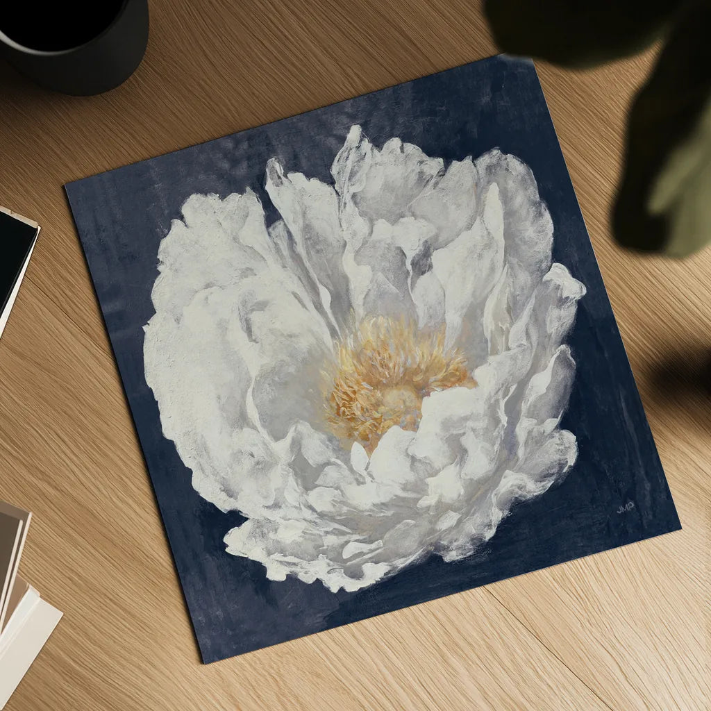 Serene Peony Navy by Julia Purinton. Shown as a detailed flat fine art print, highlighting archival giclee quality. Available as an archival giclee rolled canvas, fine art paper, or poster print. SKU 72573a.