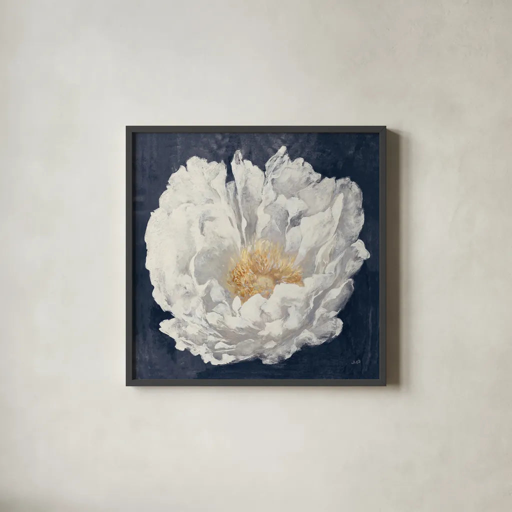 Serene Peony Navy by Julia Purinton. Shown in a sleek black glass frame for a contemporary gallery look. Available as an archival giclee rolled canvas, fine art paper, or poster print. SKU 72573a.