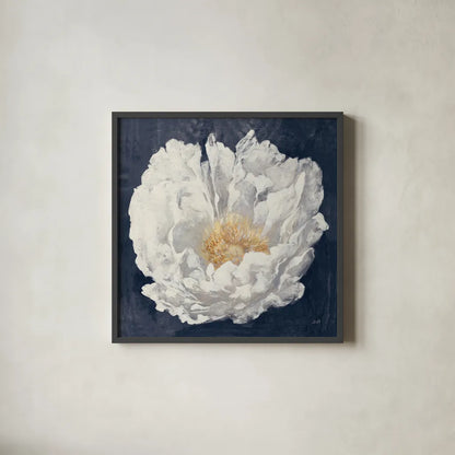 Serene Peony Navy by Julia Purinton. Shown in a sleek black glass frame for a contemporary gallery look. Available as an archival giclee rolled canvas, fine art paper, or poster print. SKU 72573a.
