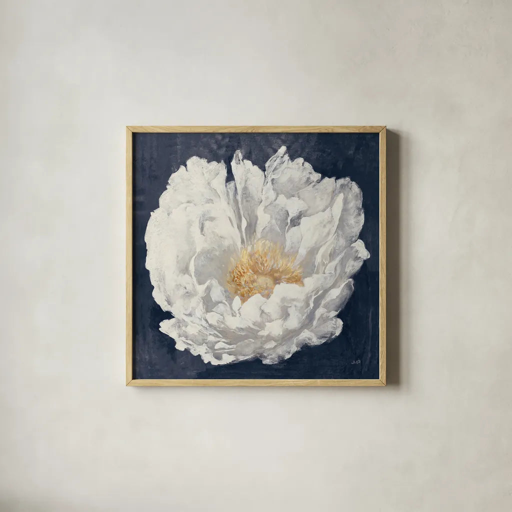 Serene Peony Navy by Julia Purinton. Shown in a natural wood glass frame for a timeless modern aesthetic. Available as an archival giclee rolled canvas, fine art paper, or poster print. SKU 72573a.