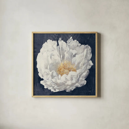 Serene Peony Navy by Julia Purinton. Shown in a natural wood glass frame for a timeless modern aesthetic. Available as an archival giclee rolled canvas, fine art paper, or poster print. SKU 72573a.