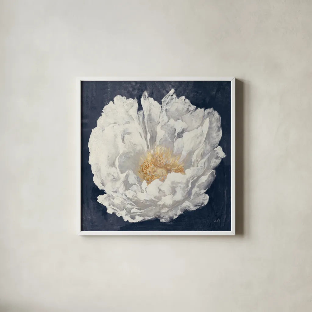 Serene Peony Navy by Julia Purinton. Shown in a crisp white glass frame for a clean and minimalist style. Available as an archival giclee rolled canvas, fine art paper, or poster print. SKU 72573a.