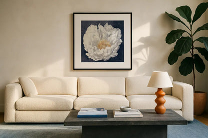 Serene Peony Navy by Julia Purinton. Displayed in a glass frame with matte in a clean modern living room. Available as an archival giclee rolled canvas, fine art paper, or poster print. SKU 72573a.