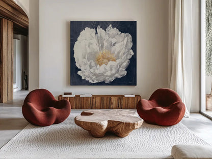 Serene Peony Navy by Julia Purinton. Shown as extra-large giant wall art in a modern living room. Available as an archival giclee rolled canvas, fine art paper, or poster print. SKU 72573a.