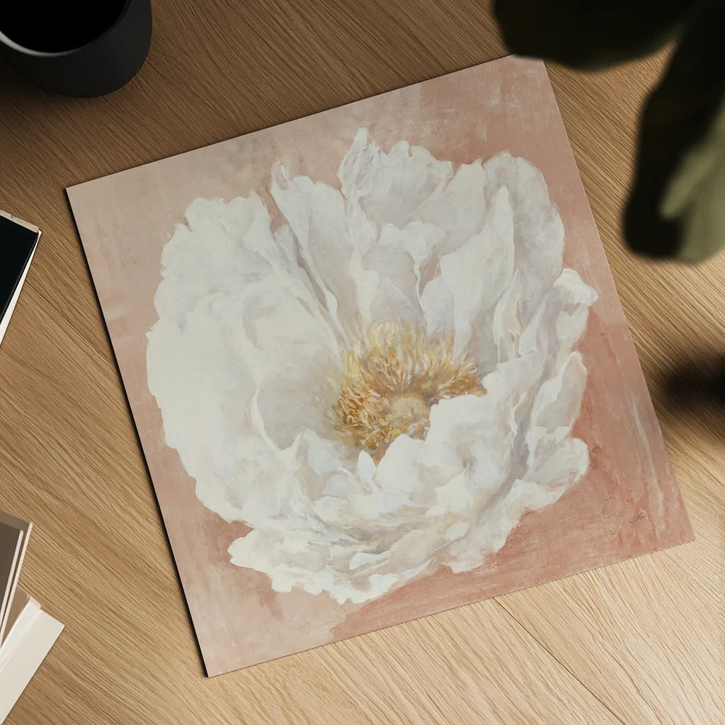 Serene Peony Terracotta by Julia Purinton. Shown as a detailed flat fine art print, highlighting archival giclee quality. Available as an archival giclee rolled canvas, fine art paper, or poster print. SKU 72206a.