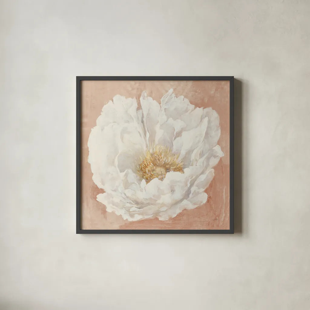 Serene Peony Terracotta by Julia Purinton. Shown in a sleek black glass frame for a contemporary gallery look. Available as an archival giclee rolled canvas, fine art paper, or poster print. SKU 72206a.