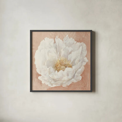 Serene Peony Terracotta by Julia Purinton. Shown in a sleek black glass frame for a contemporary gallery look. Available as an archival giclee rolled canvas, fine art paper, or poster print. SKU 72206a.