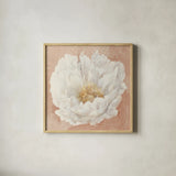 Serene Peony Terracotta by Julia Purinton. Shown in a natural wood glass frame for a timeless modern aesthetic. Available as an archival giclee rolled canvas, fine art paper, or poster print. SKU 72206a.