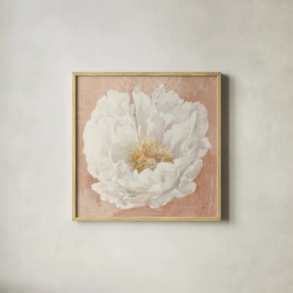 Serene Peony Terracotta by Julia Purinton. Shown in a natural wood glass frame for a timeless modern aesthetic. Available as an archival giclee rolled canvas, fine art paper, or poster print. SKU 72206a.