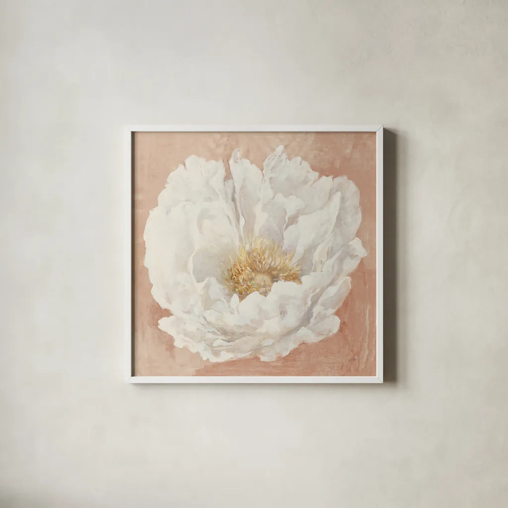 Serene Peony Terracotta by Julia Purinton. Shown in a crisp white glass frame for a clean and minimalist style. Available as an archival giclee rolled canvas, fine art paper, or poster print. SKU 72206a.