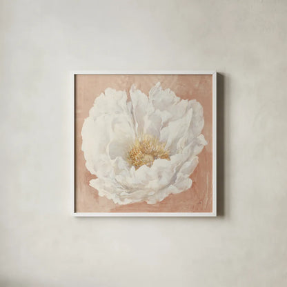 Serene Peony Terracotta by Julia Purinton. Shown in a crisp white glass frame for a clean and minimalist style. Available as an archival giclee rolled canvas, fine art paper, or poster print. SKU 72206a.