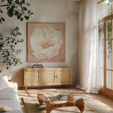 Serene Peony Terracotta by Julia Purinton. Shown in a natural wood frame in a cozy modern living room. Available as an archival giclee rolled canvas, fine art paper, or poster print. SKU 72206a.