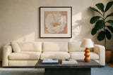 Serene Peony Terracotta by Julia Purinton. Displayed in a glass frame with matte in a clean modern living room. Available as an archival giclee rolled canvas, fine art paper, or poster print. SKU 72206a.