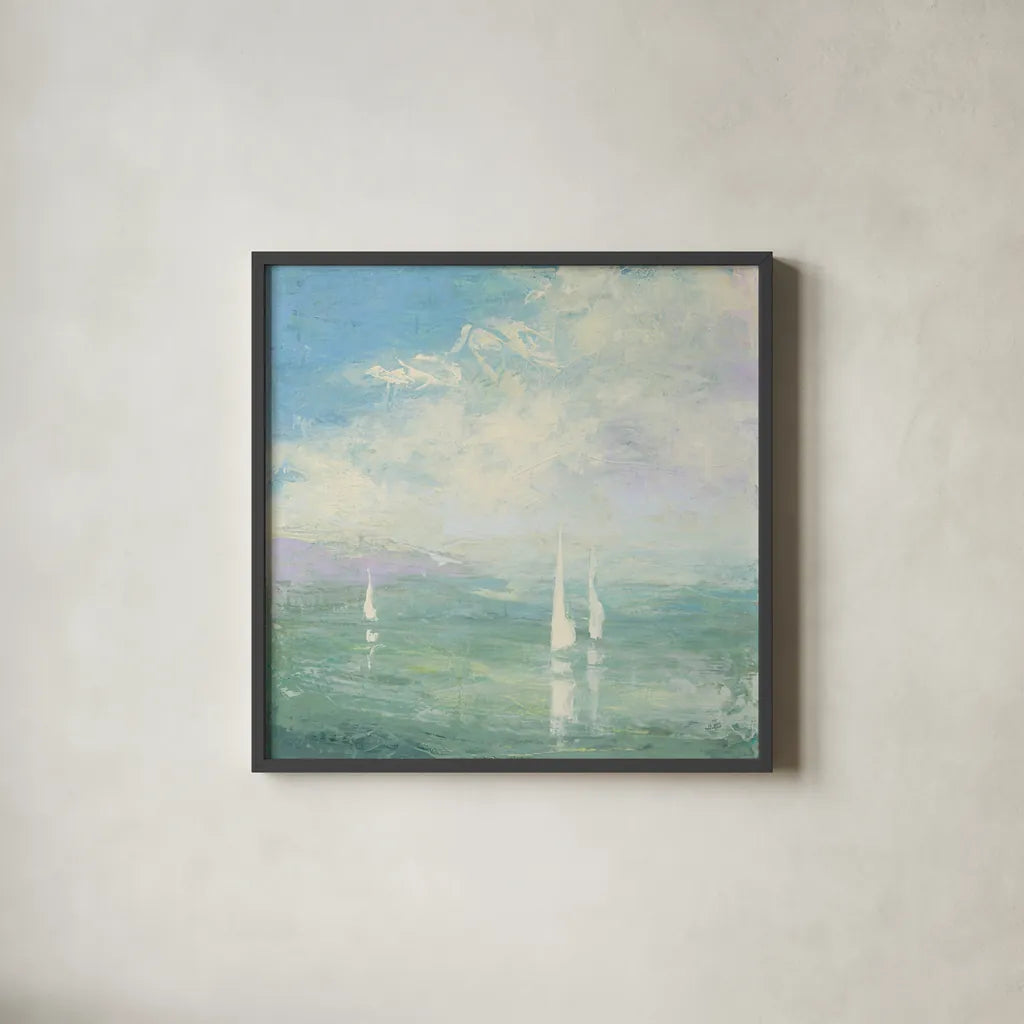 Setting Sail by Julia Purinton. Shown in a sleek black glass frame for a contemporary gallery look. Available as an archival giclee rolled canvas, fine art paper, or poster print. SKU 43392a.