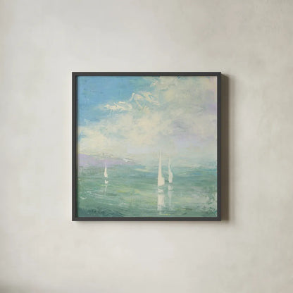 Setting Sail by Julia Purinton. Shown in a sleek black glass frame for a contemporary gallery look. Available as an archival giclee rolled canvas, fine art paper, or poster print. SKU 43392a.