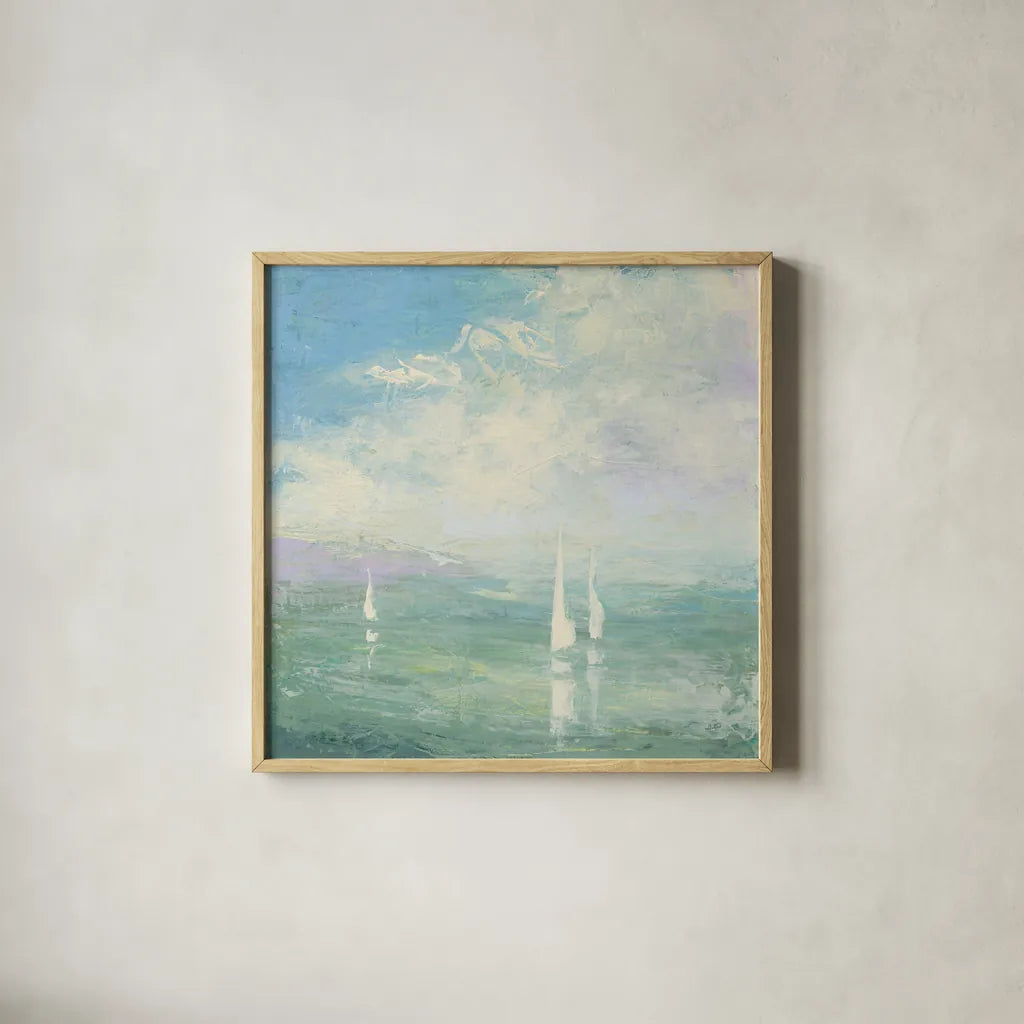 Setting Sail by Julia Purinton. Shown in a natural wood glass frame for a timeless modern aesthetic. Available as an archival giclee rolled canvas, fine art paper, or poster print. SKU 43392a.