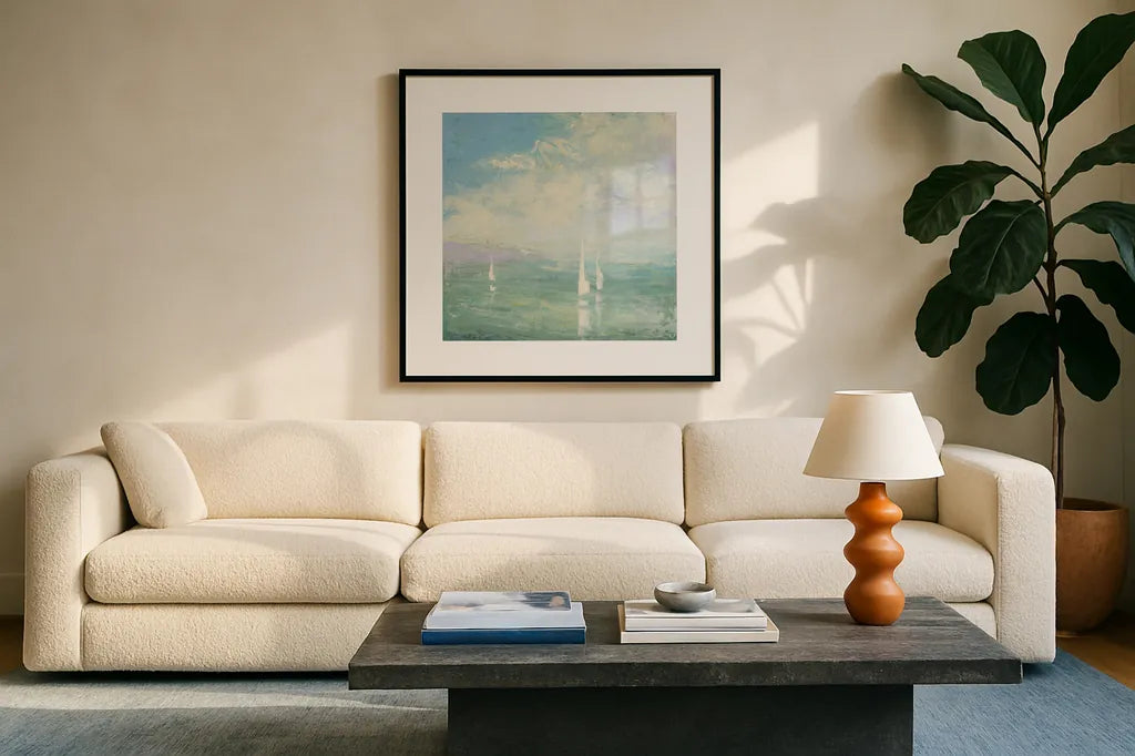Setting Sail by Julia Purinton. Displayed in a glass frame with matte in a clean modern living room. Available as an archival giclee rolled canvas, fine art paper, or poster print. SKU 43392a.