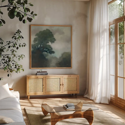 Shape of the Valley by Julia Purinton. Shown in a natural wood frame in a cozy modern living room. Available as an archival giclee rolled canvas, fine art paper, or poster print. SKU 75696a.