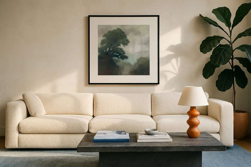Shape of the Valley by Julia Purinton. Displayed in a glass frame with matte in a clean modern living room. Available as an archival giclee rolled canvas, fine art paper, or poster print. SKU 75696a.