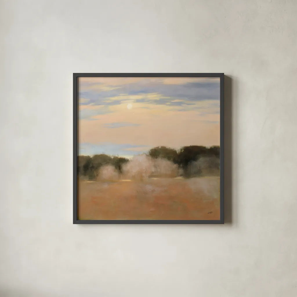 Sienna Fields I Moon Sq by Julia Purinton. Shown in a sleek black glass frame for a contemporary gallery look. Available as an archival giclee rolled canvas, fine art paper, or poster print. SKU 79420a.