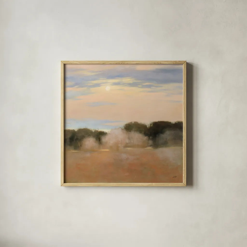 Sienna Fields I Moon Sq by Julia Purinton. Shown in a natural wood glass frame for a timeless modern aesthetic. Available as an archival giclee rolled canvas, fine art paper, or poster print. SKU 79420a.