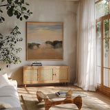 Sienna Fields I Moon Sq by Julia Purinton. Shown in a natural wood frame in a cozy modern living room. Available as an archival giclee rolled canvas, fine art paper, or poster print. SKU 79420a.