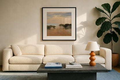 Sienna Fields I Moon Sq by Julia Purinton. Displayed in a glass frame with matte in a clean modern living room. Available as an archival giclee rolled canvas, fine art paper, or poster print. SKU 79420a.