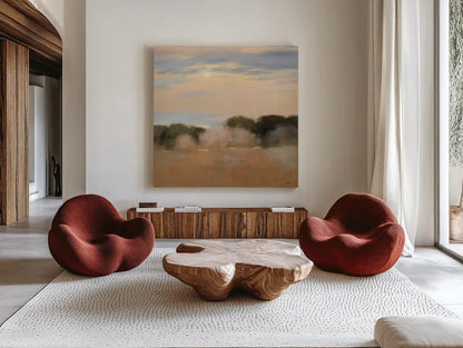 Sienna Fields I Moon Sq by Julia Purinton. Shown as extra-large giant wall art in a modern living room. Available as an archival giclee rolled canvas, fine art paper, or poster print. SKU 79420a.