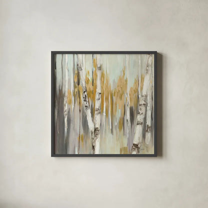 Silver Birch I by Julia Purinton. Shown in a sleek black glass frame for a contemporary gallery look. Available as an archival giclee rolled canvas, fine art paper, or poster print. SKU 17268a.