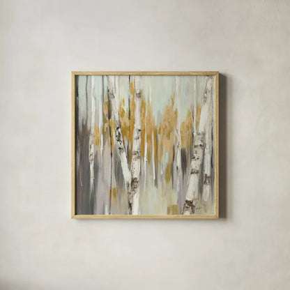 Silver Birch I by Julia Purinton. Shown in a natural wood glass frame for a timeless modern aesthetic. Available as an archival giclee rolled canvas, fine art paper, or poster print. SKU 17268a.